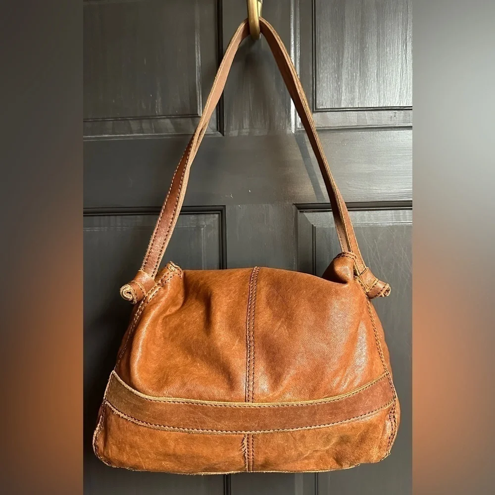 Lucky Brand Brown Italian Leather Shoulder Bag Double Handle Fold Over Closure - Picture 2 of 16